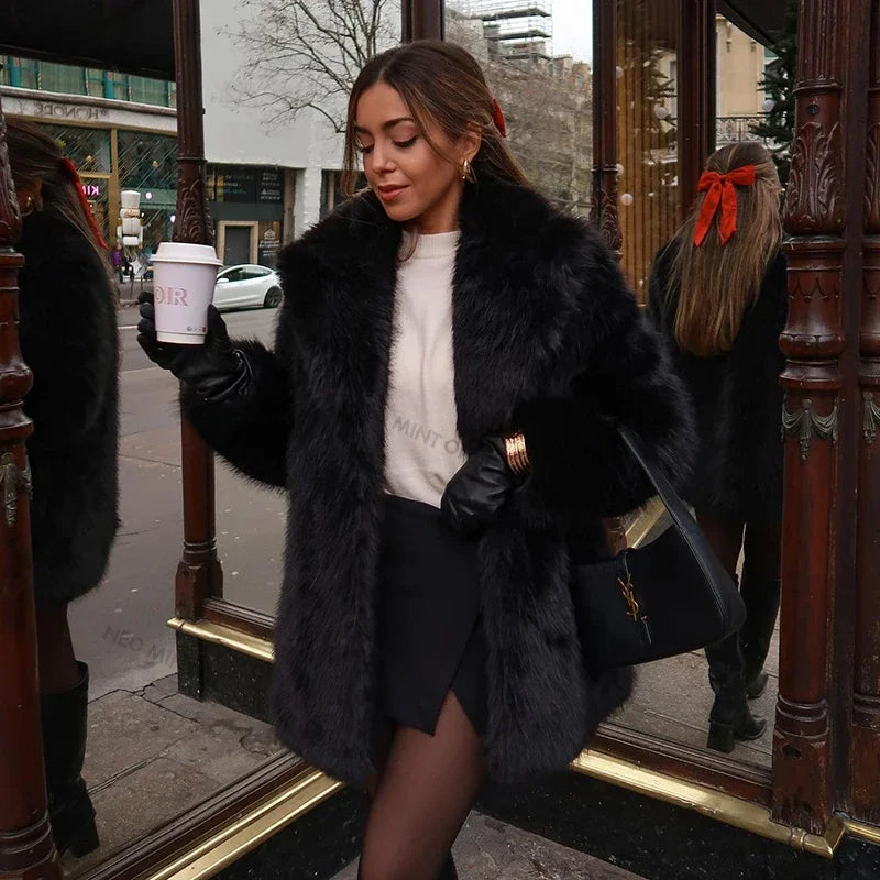 Lapels Faux Fur Coat Women 2024 Winter Brand Designer Fluffy Fox Fur