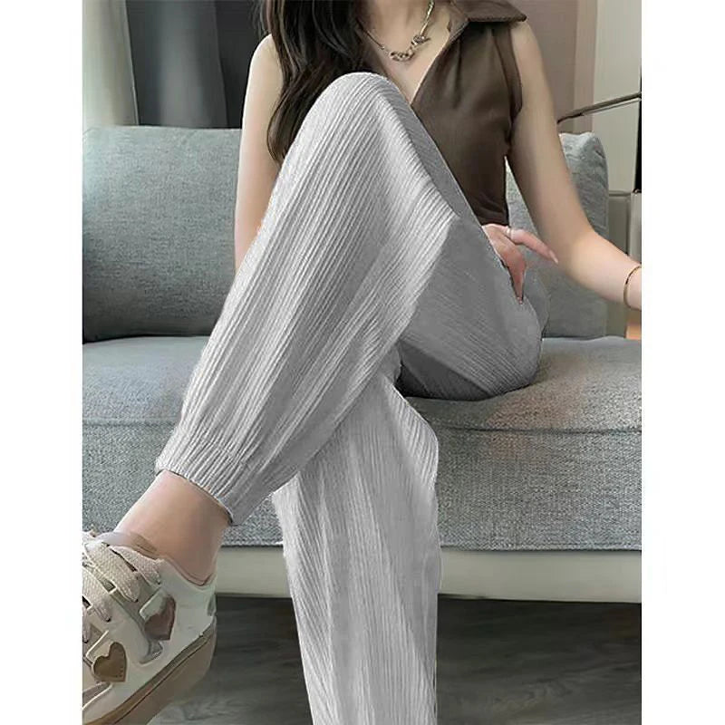 Thin Casual Wide Leg Harem Ankle-Length Pants Solid Elastic Waist