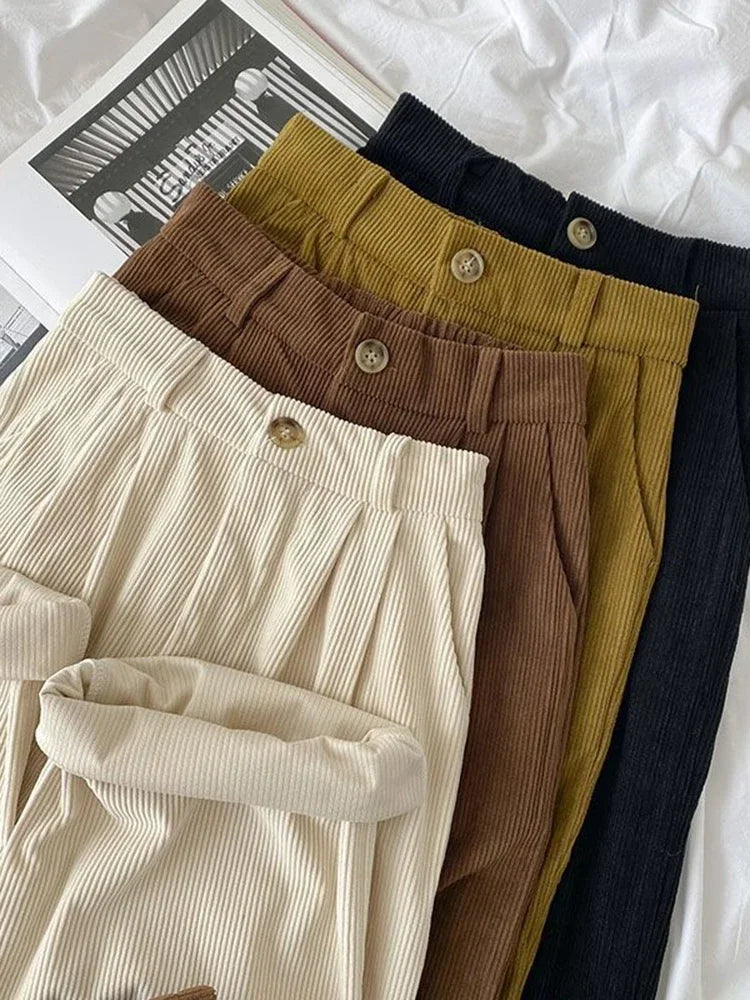 Vintage High Waist Corduroy Pants Women Spring Fall Straight Causal