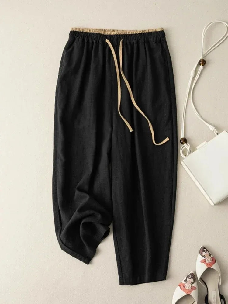 Summer Retro Cotton Linen Loose Harem Pants Elastic Drawstring Waist