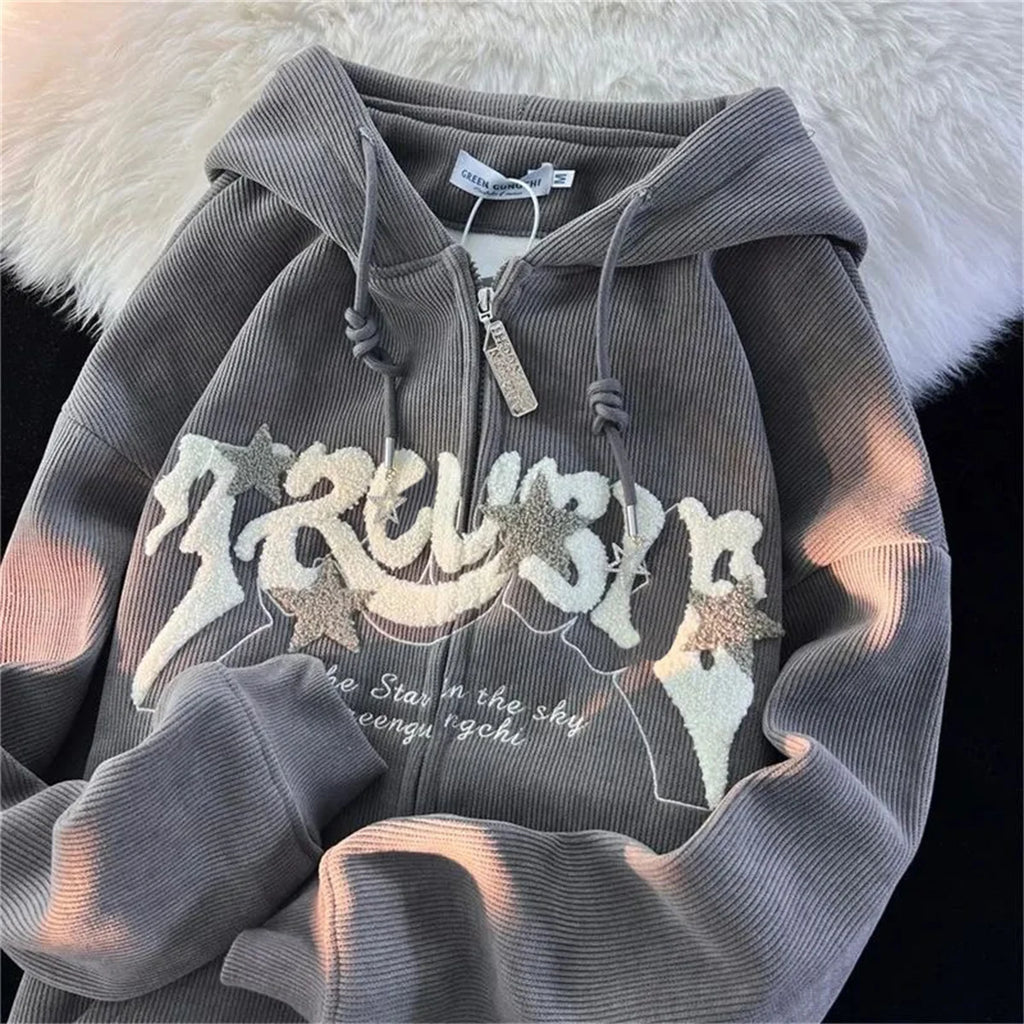 Fashion Embroidery Zip Up Hoodies Women Autumn Long Sleeve Tops Loose