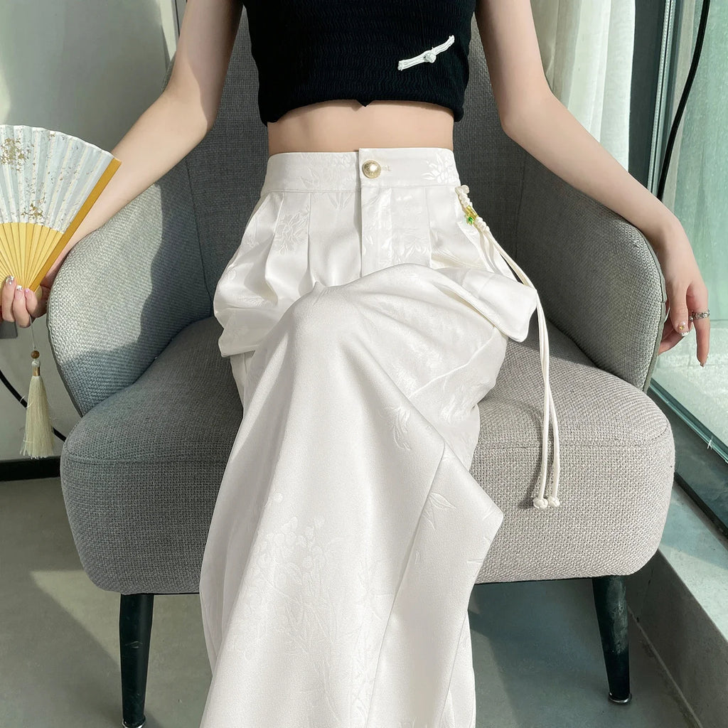 New Chinese Style Jacquard Wide Leg Satin Pants for Women Elegant