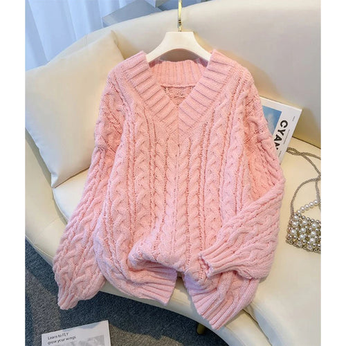 MEXZT Harajuku Sweater Women Fashion Oversized Pink V Neck Knitted