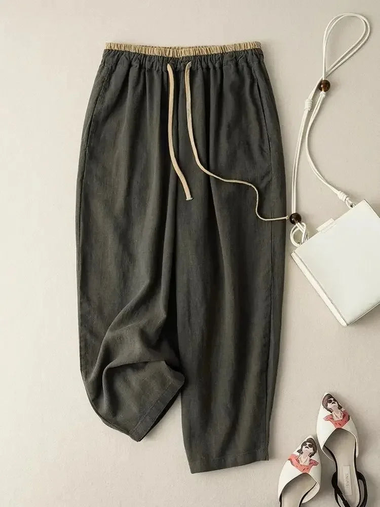 Summer Retro Cotton Linen Loose Harem Pants Elastic Drawstring Waist