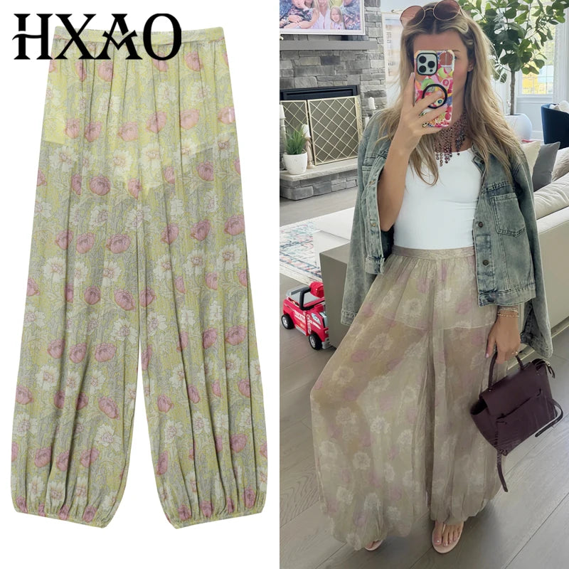 HXAO Women's Pants Print Baggy Pants Summer 2025 High Waist Lantern
