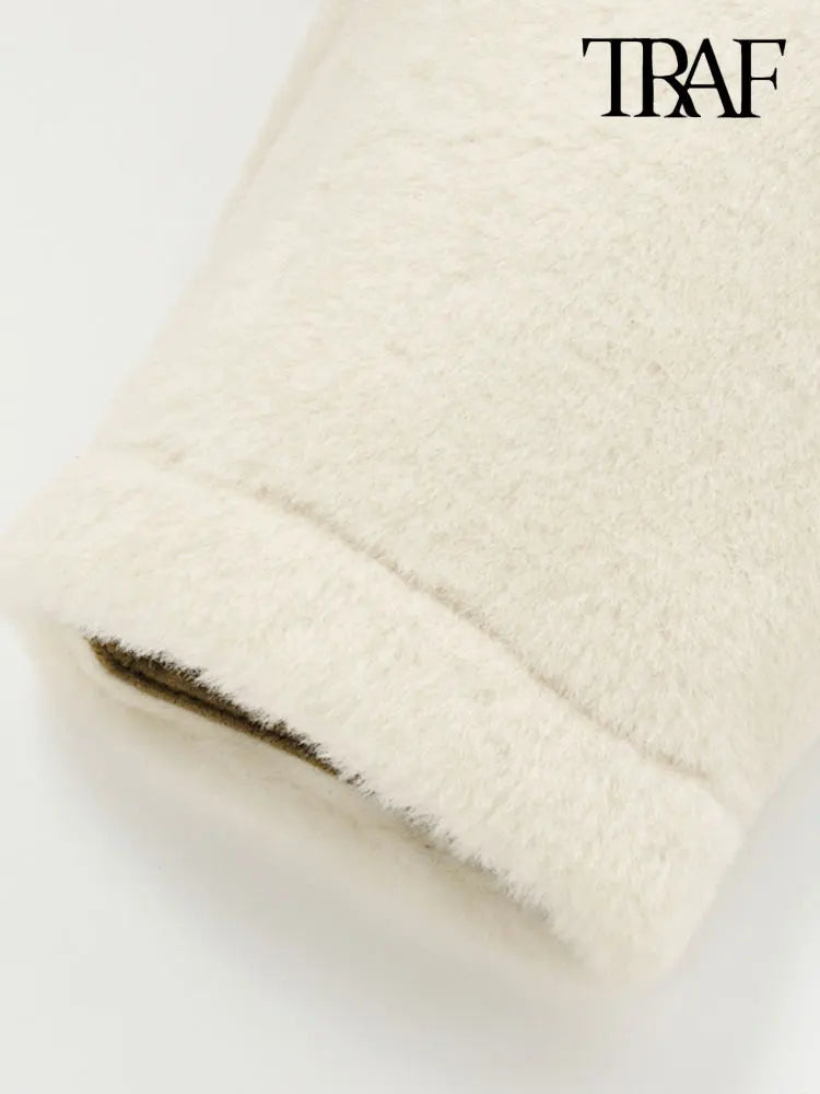 TRAF-Thick Warm Faux Fur Jacket for Women, Long Sleeve Coat, Front