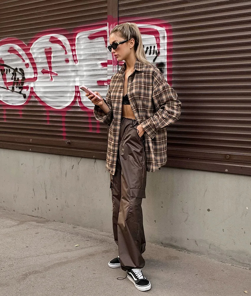 Spring Autumn Vintage Plaid Checkered Shirt Women's Long Sleeve Blouse