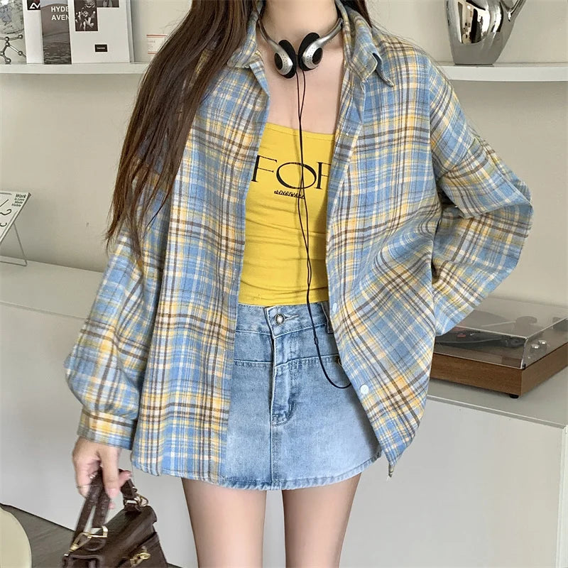 Women Tartan Shirt Long Sleeve Collared Button Up Oversized Plaid