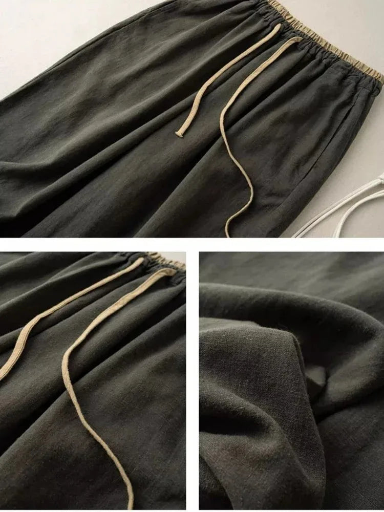 Summer Retro Cotton Linen Loose Harem Pants Elastic Drawstring Waist