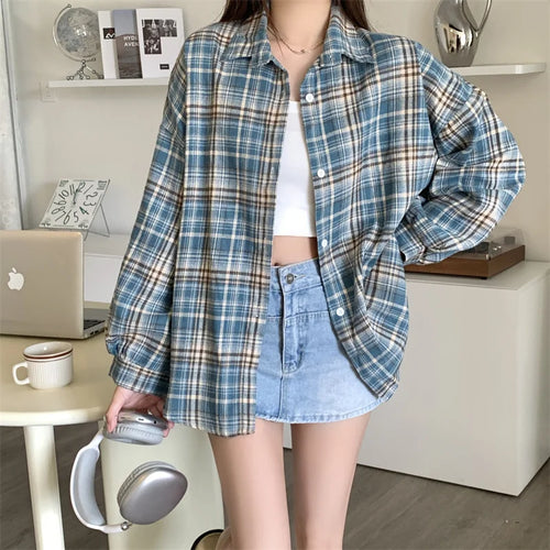 Women Tartan Shirt Long Sleeve Collared Button Up Oversized Plaid