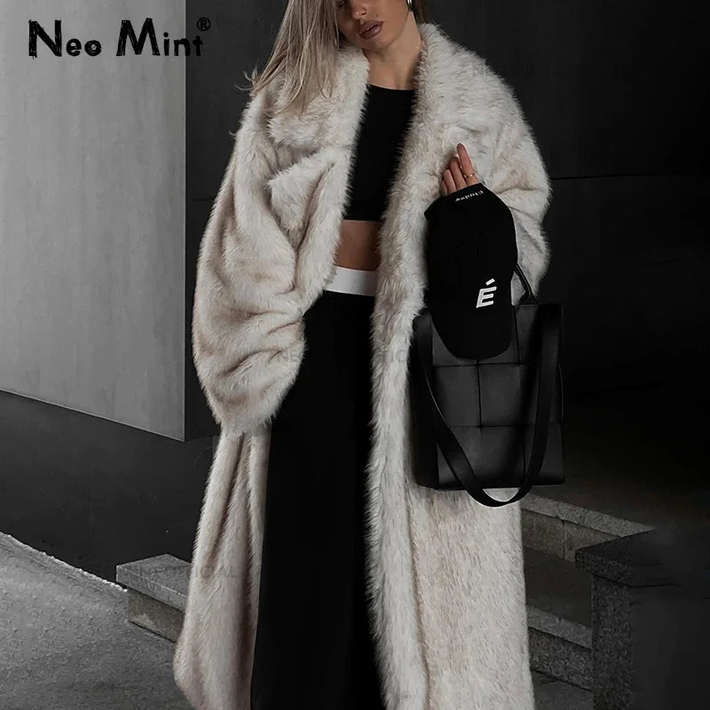 Neo Mint Vintage Luxury Long Faux Fox Fur Coat Women 2024 Winter Warm