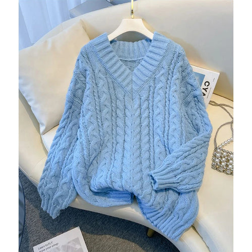 MEXZT Harajuku Sweater Women Fashion Oversized Pink V Neck Knitted