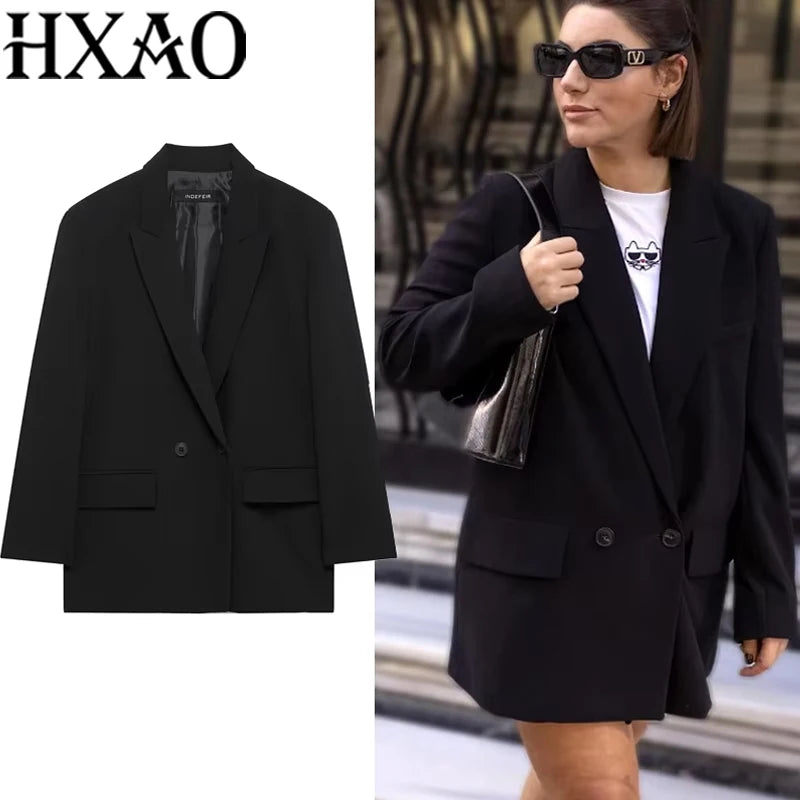 HXAO Women's Black Blazer New In Jackets Office Casual Long Blazer