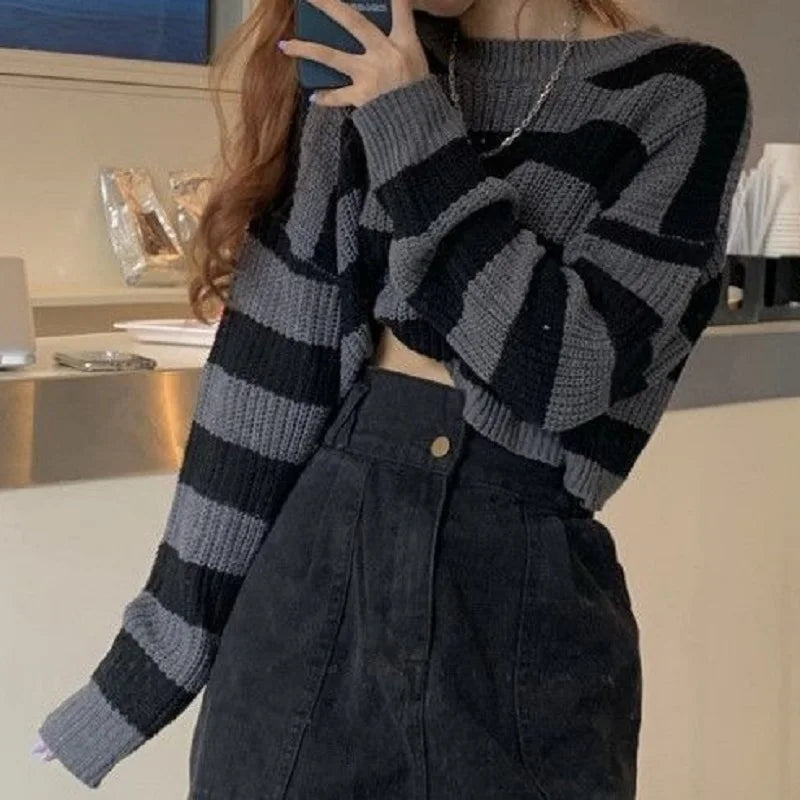 New Korean Style Striped Cropped Sweater Women Vintage Oversize Knit