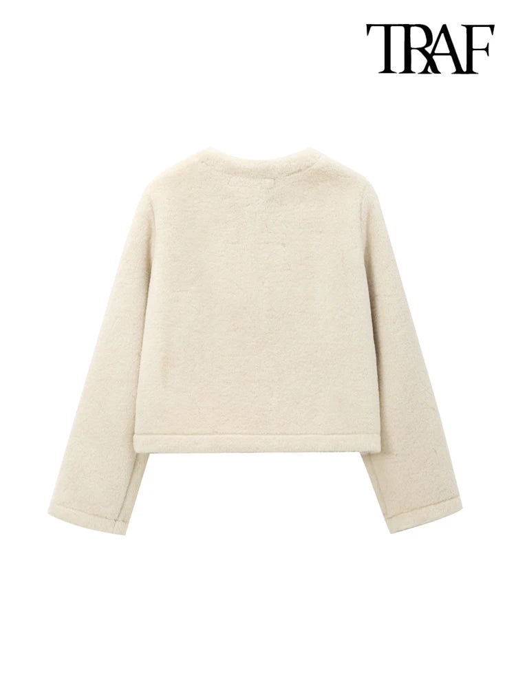 TRAF-Thick Warm Faux Fur Jacket for Women, Long Sleeve Coat, Front