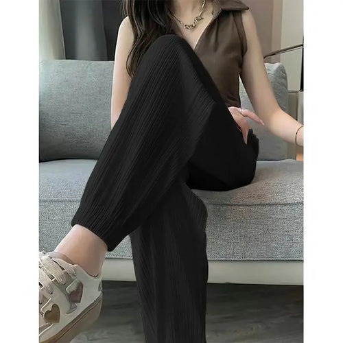 Thin Casual Wide Leg Harem Ankle-Length Pants Solid Elastic Waist