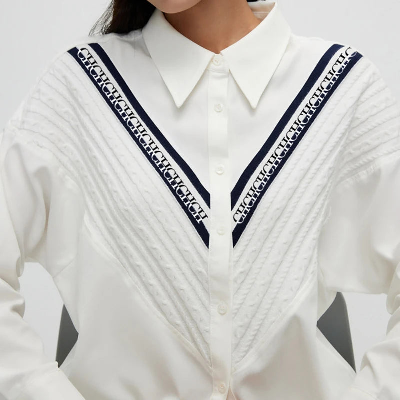 CHCH Women's Blouse Knitted Patchwork Striped Blouse Casual Fashion