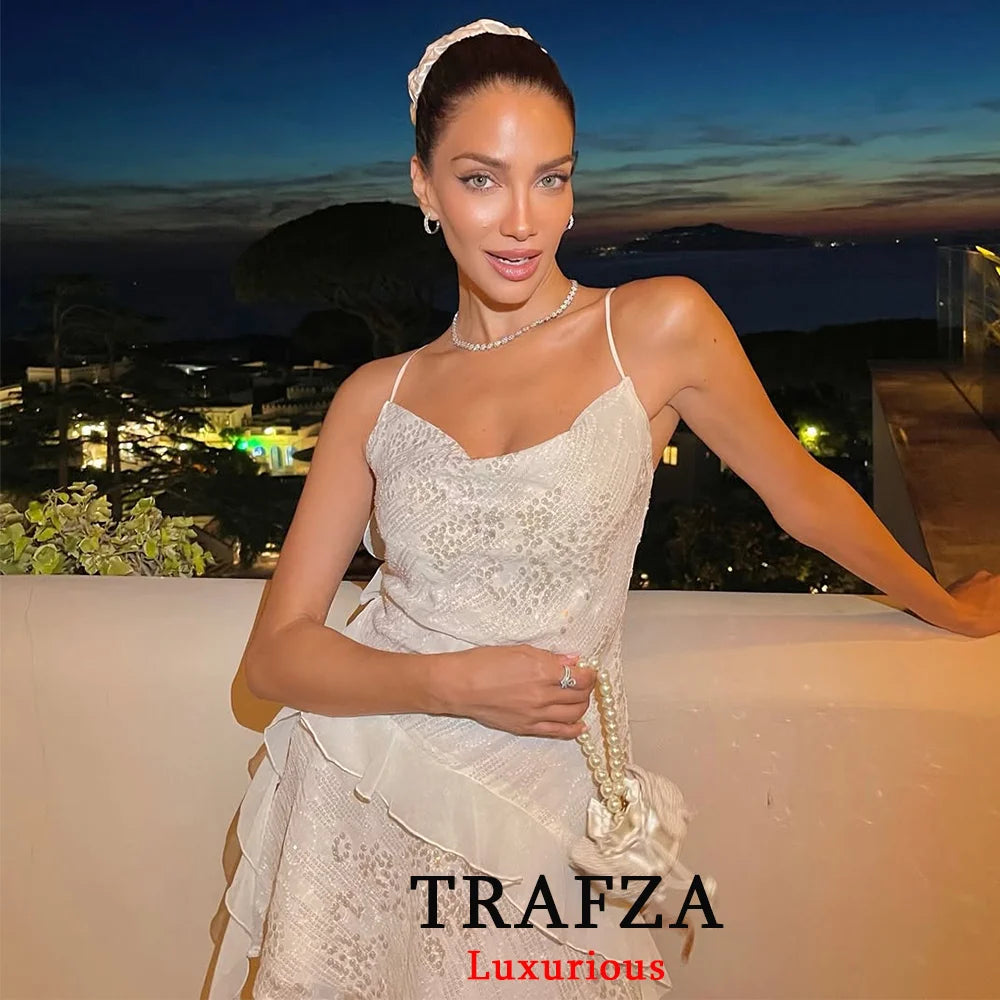 TRAFZA Sexy Chic Women Dress Solid Cami Backless Sequined Tierred Mini