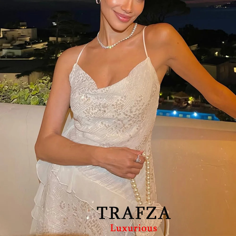 TRAFZA Sexy Chic Women Dress Solid Cami Backless Sequined Tierred Mini