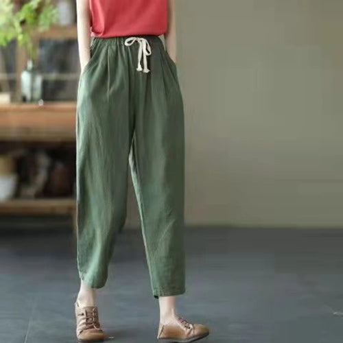 Solid Color Cotton and Linen Pants for Woman Vintage Loose Streetwear