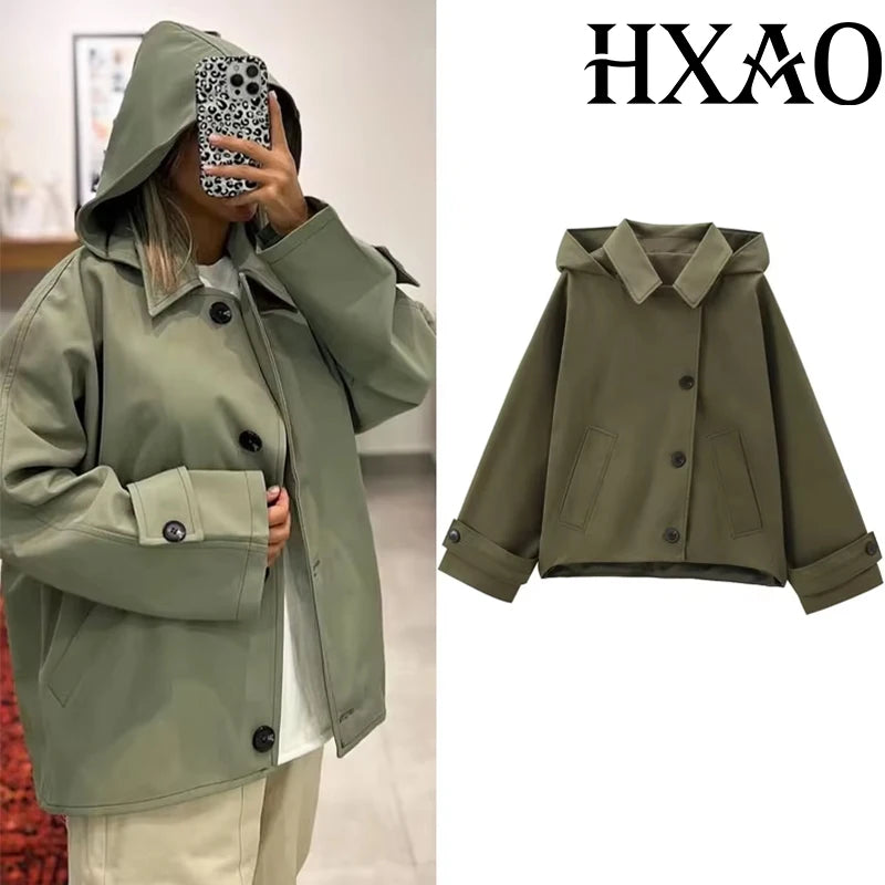 HXAO Green Warm Winter Hooded Jackets Women's 2024 Autumn Outdoor