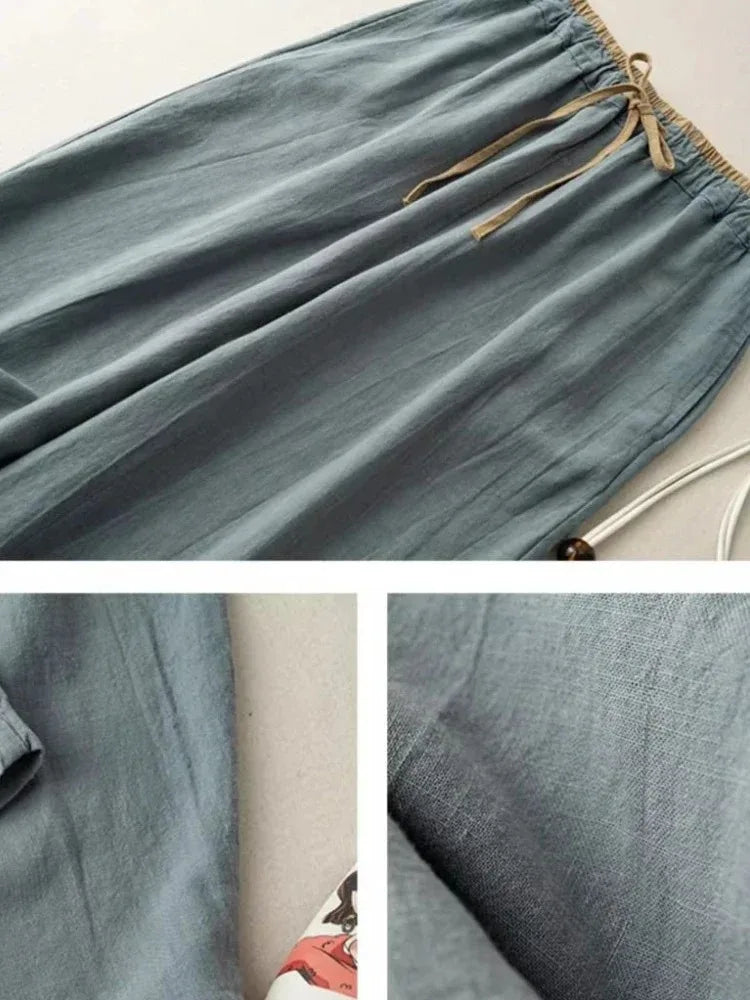 Summer Retro Cotton Linen Loose Harem Pants Elastic Drawstring Waist