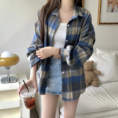 Women Tartan Shirt Long Sleeve Collared Button Up Oversized Plaid