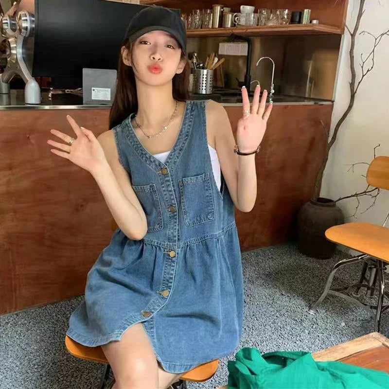 Sleeveless Strap Dress Women Summer Single-Breasted Pockets Denim
