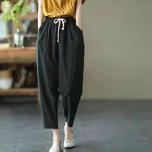 Solid Color Cotton and Linen Pants for Woman Vintage Loose Streetwear