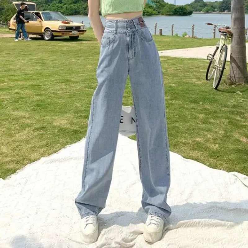 New Woman Korean Double Buckle Design Jeans Female Winter Snow Warm