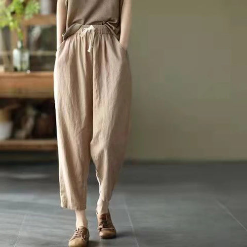 Solid Color Cotton and Linen Pants for Woman Vintage Loose Streetwear