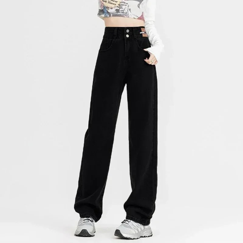 New Woman Korean Double Buckle Design Jeans Female Winter Snow Warm