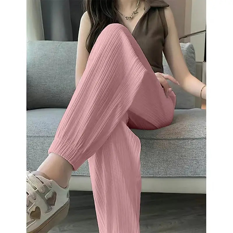 Thin Casual Wide Leg Harem Ankle-Length Pants Solid Elastic Waist