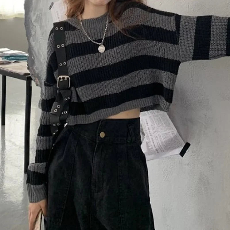 New Korean Style Striped Cropped Sweater Women Vintage Oversize Knit