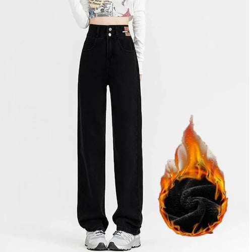 New Woman Korean Double Buckle Design Jeans Female Winter Snow Warm