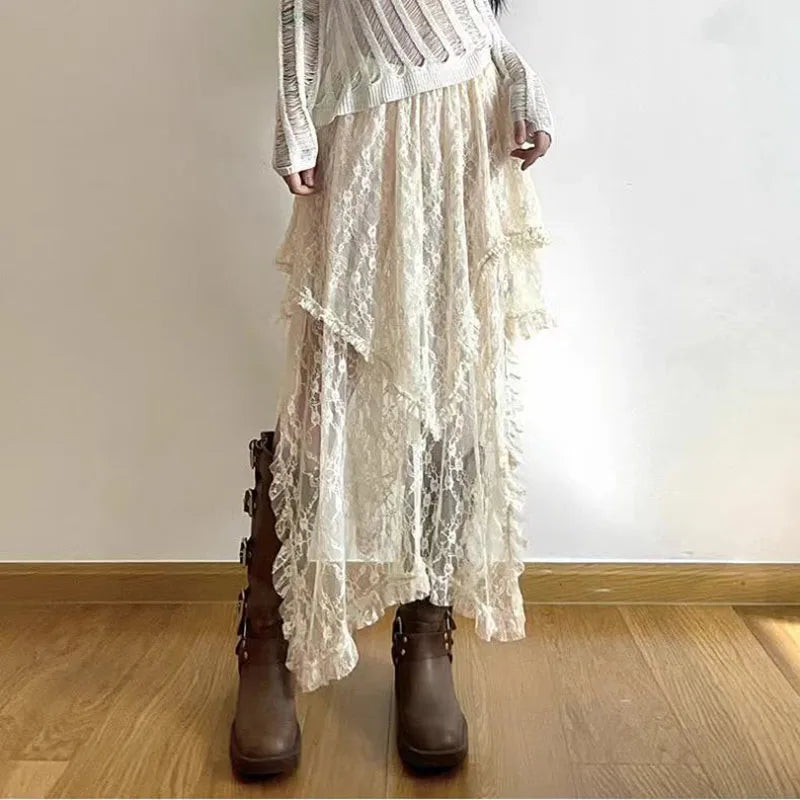 Lace Asymmetrical Skirt Women Vintage Y2K Boho Aesthetic Fashion High