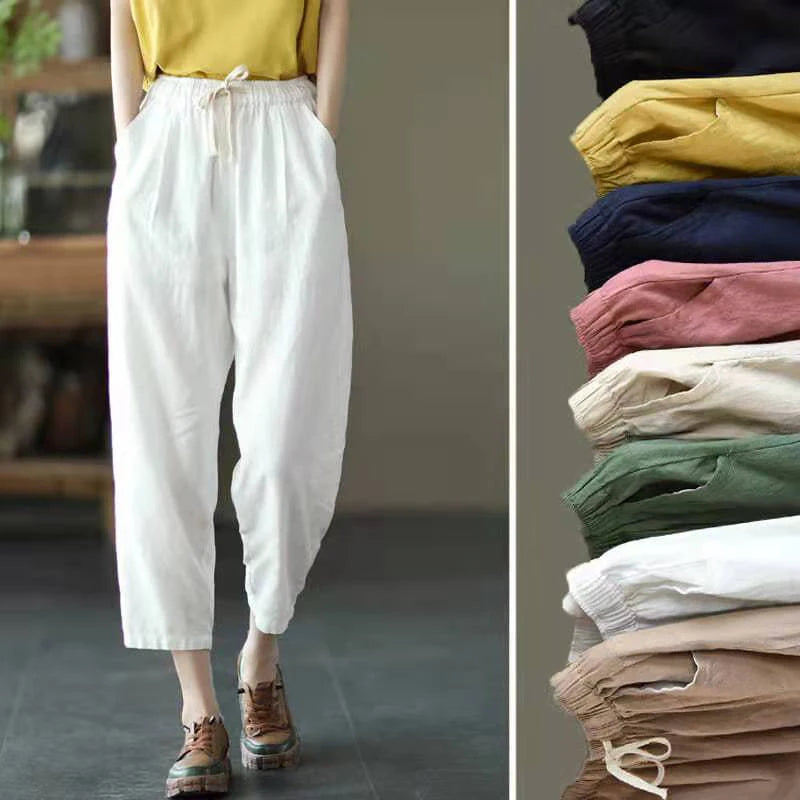 Solid Color Cotton and Linen Pants for Woman Vintage Loose Streetwear
