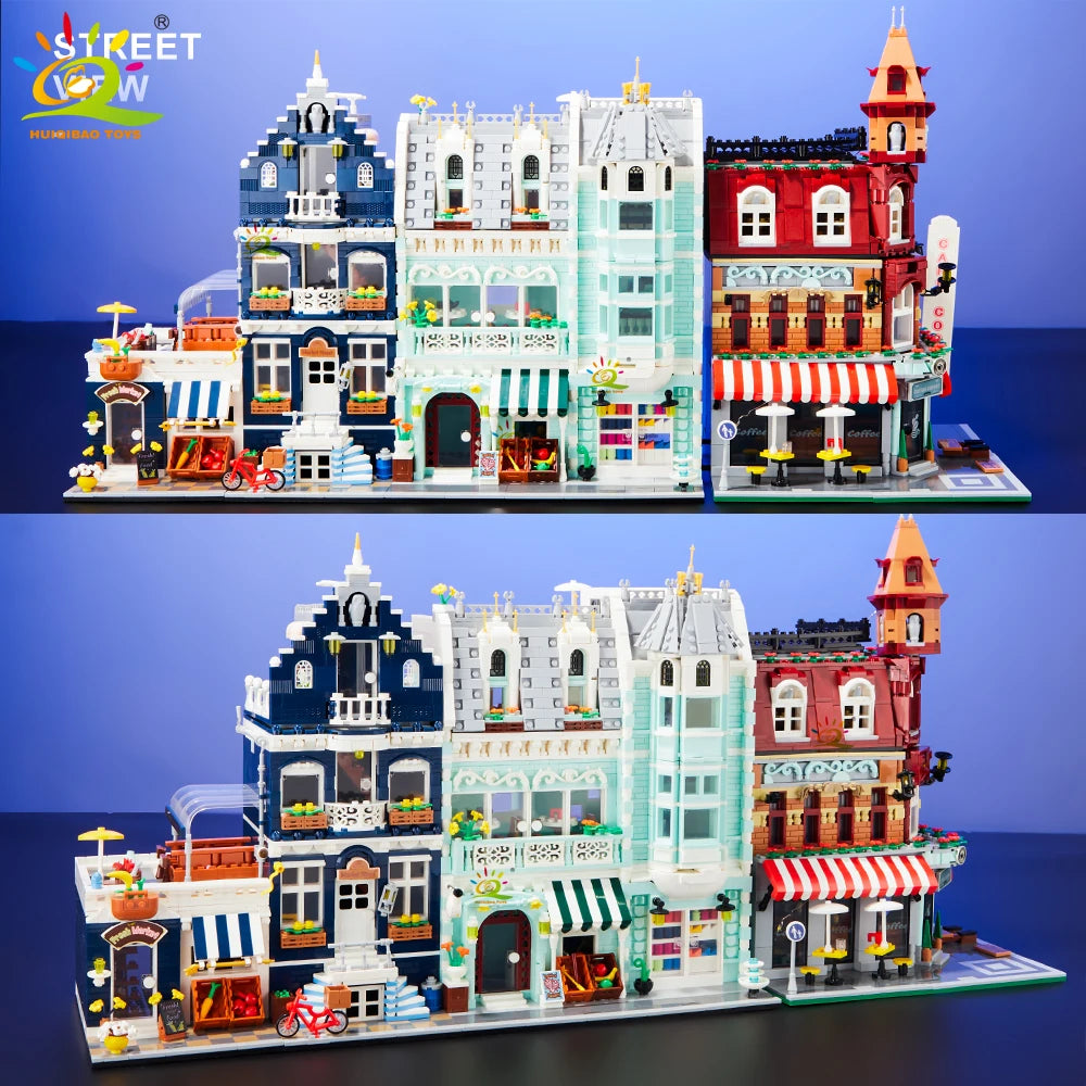 HUIQIBAO Toys MOC City Corner Coffee Shop Architecture Style Street