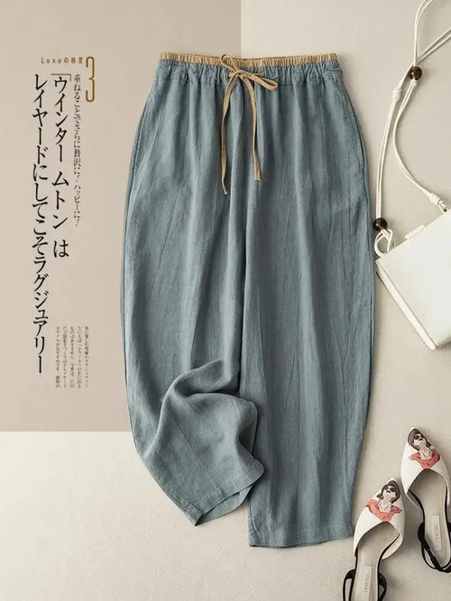 Summer Retro Cotton Linen Loose Harem Pants Elastic Drawstring Waist
