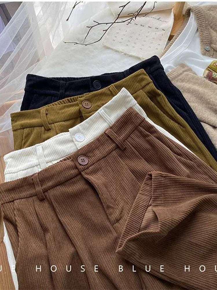 Vintage High Waist Corduroy Pants Women Spring Fall Straight Causal