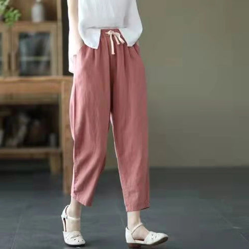 Solid Color Cotton and Linen Pants for Woman Vintage Loose Streetwear
