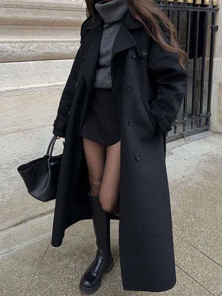 Elegant With Belt Black Long Coat For Women Oversize Woolen Double