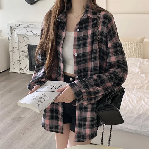 Women Tartan Shirt Long Sleeve Collared Button Up Oversized Plaid