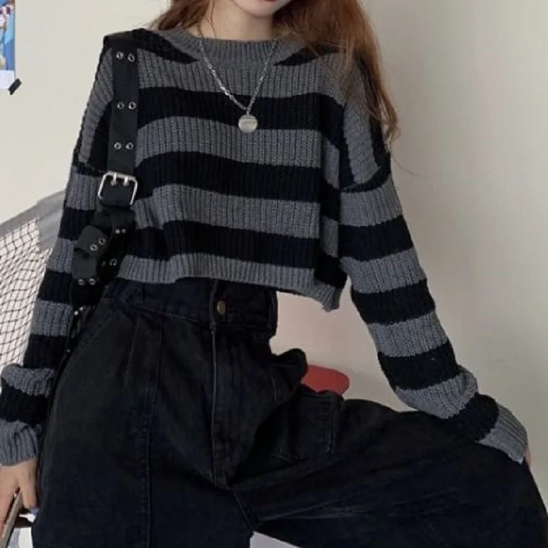 New Korean Style Striped Cropped Sweater Women Vintage Oversize Knit