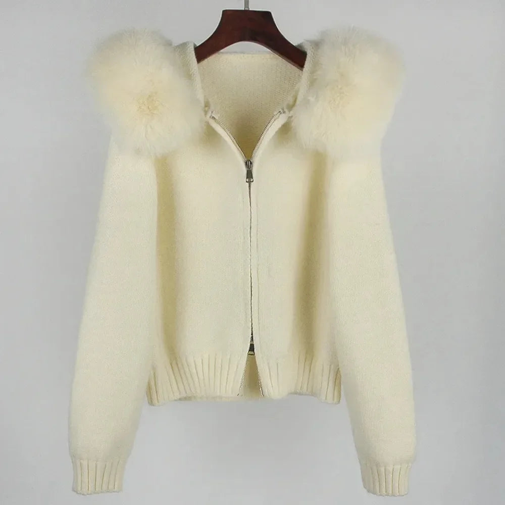 2024 Fashion Autumn Winter Casual Hooded Real Fox Fur Collar Fashion