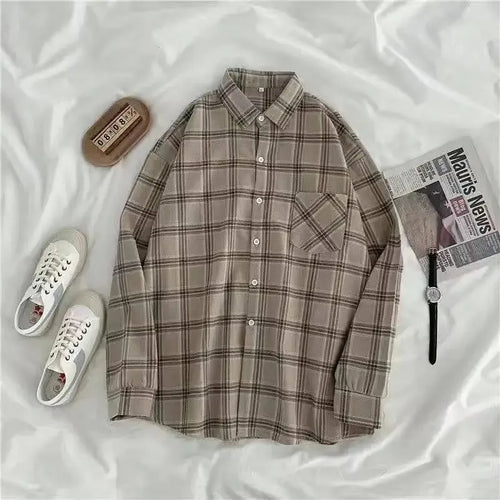 Vintage Plaid Shirts Women Autumn Long Sleeve Oversize Button Up Shirt