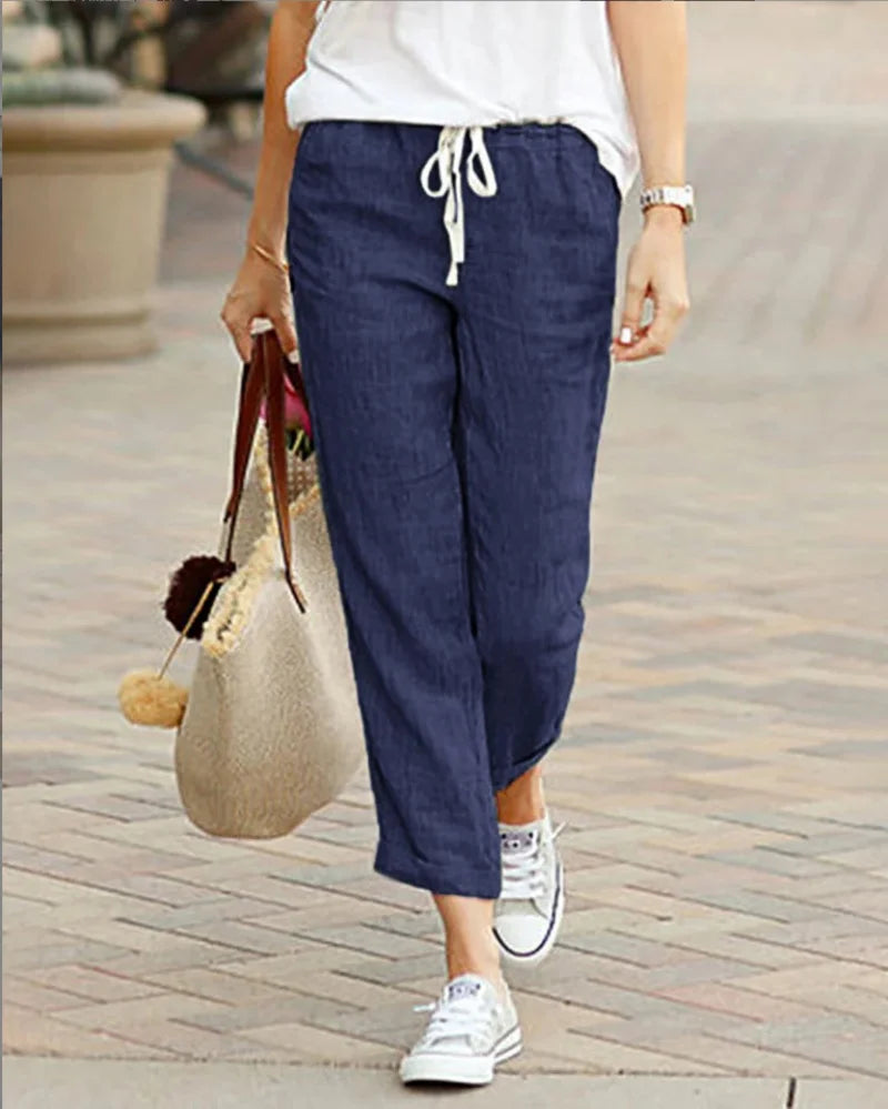 Elegant Solid Slimple Pant Fashion Women Drawstring Cropped Elastic