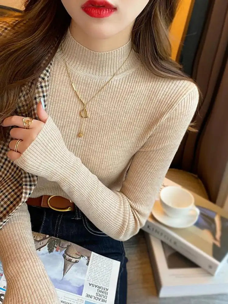 Autumn Winter Mock Neck Women Sweater Vintage Basic Solid Knitted
