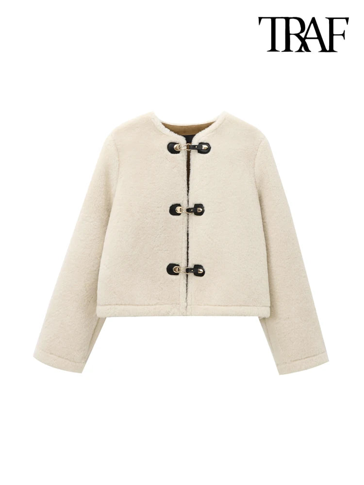 TRAF-Thick Warm Faux Fur Jacket for Women, Long Sleeve Coat, Front