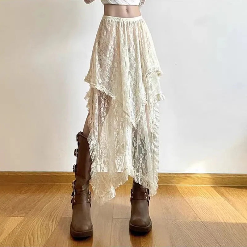Lace Asymmetrical Skirt Women Vintage Y2K Boho Aesthetic Fashion High